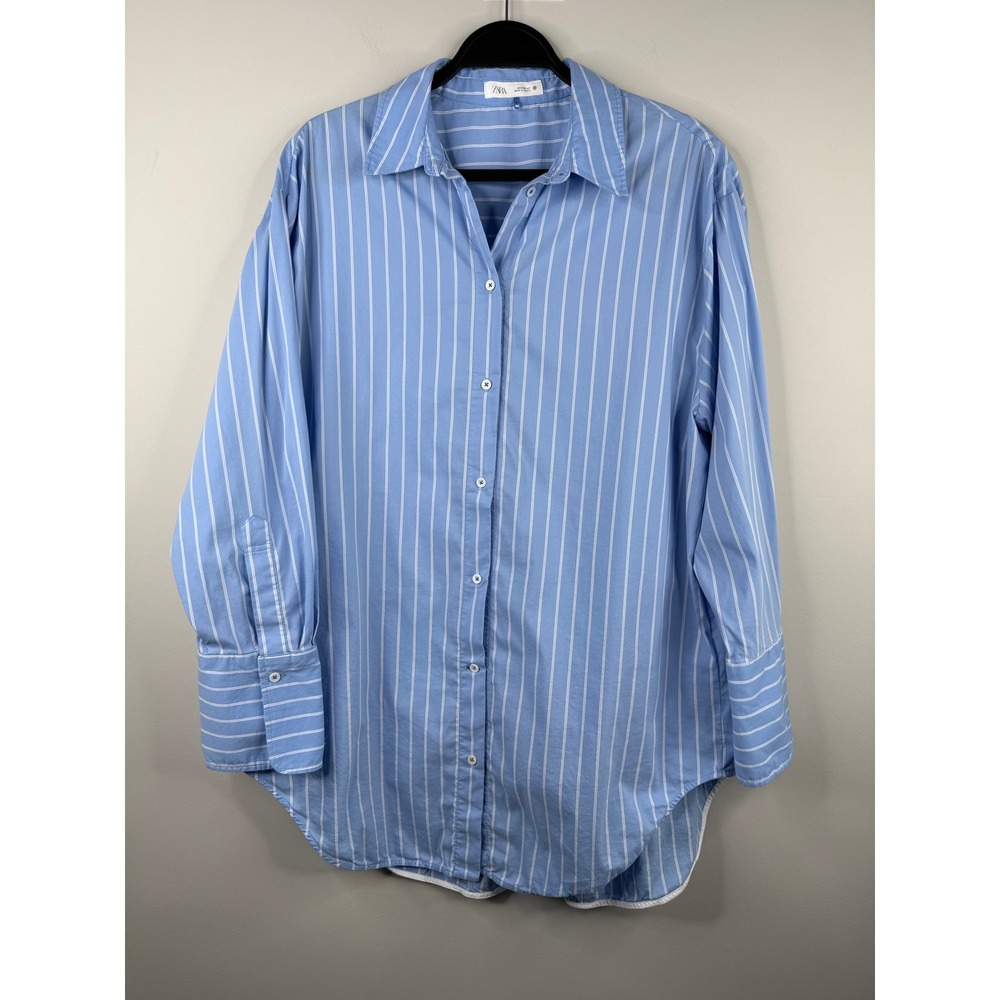 Zara Womens Blue White Striped Oversized Button Down Shirt M